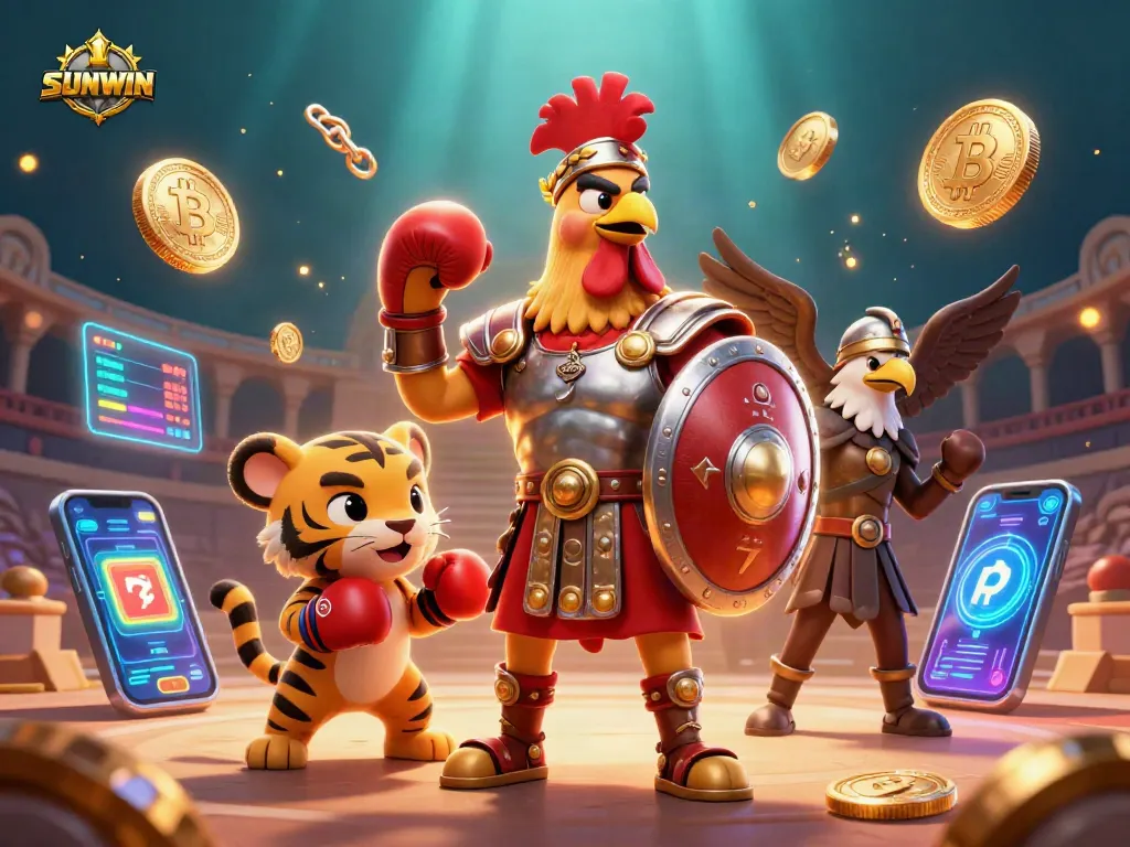 SUNWIN thrills with a dynamic illustration of a gladiator rooster and sparring tiger cub amidst vibrant casino elements.