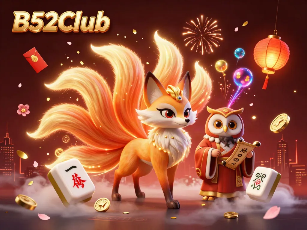 Experience thrilling gaming action with B52Club's vibrant 3D illustration showcasing a colorful nine-tailed fox and wise owl.
